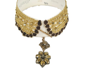Antique Edwardian Collar Antique Gold Trim Citrine Pendant gemstone assemblage collage OOAK mens stiff collar, statement necklace  N2939