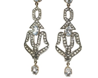 Estate Antique Diamond Aquamarine Pierced Earrings Vintage Statement Rose cut Gemstone Earrings Bridal Mothers Day Gift  Ve503