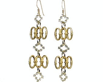 Vintage Brass Ring zircon Crystal Earrings pierced hand made assemblage elegant statement earrings OOAK  E5408