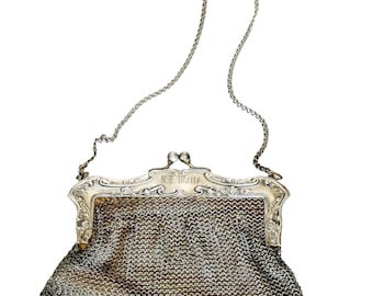 Antique German Silver Victorian Monogrammed Mesh Chain Purse silver chain vintage chainmail bag