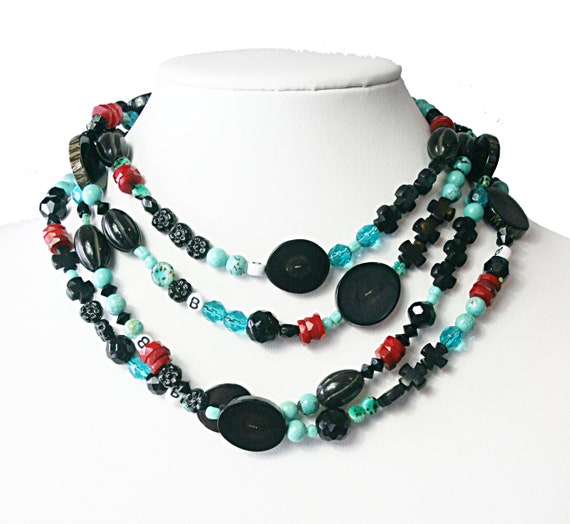 Red & Turquoise Double Wrap Bead Necklace Red & Turquoise Double Wrap Bead Necklace