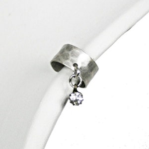 Matte Hammered Silver Ear Cuff, Antique Crystal Dangle, Non Pierced ear adornments, gifts for her   E5287