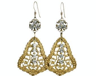 Vintage Crystal & Brass Filigree Earrings  E5603