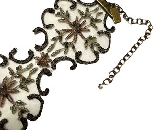 Vintage 60'S Scalloped Sequin Ribbon Choker Brown Choker Assemblage OOAK Vintage Ribbon Festival Hippie Jewelry  N6112