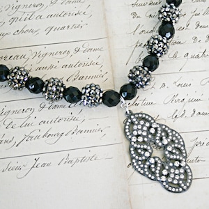 Vintage Black Jet Bead & Marcasite Bead Choker Necklace with Art Deco Rhinestone Pendant Holiday Jewelry Women&#39;s Jewelry N6171