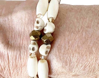 Vintage Hairpipe bead, antique glass bronze bead, white skull bead elastic Halloween Day of the Dead stretch bracelet  B6307