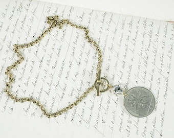 Vintage Silver Coin on Vintage Gold Rolo Chain with a Front Toggle clasp, Assemblage Jewelry, Women's Jewelry Gift N6237