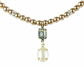 Vintage Tan Glass Pearl Bead Choker Necklace with Pearl & Rhinestone Drop  Holiday Jewelry Women's Jewelry N6181