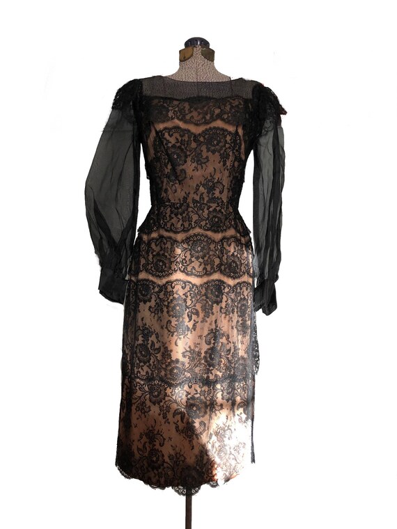 Vintage 1950's Peggy Hunt Black Lace Nude Illusio