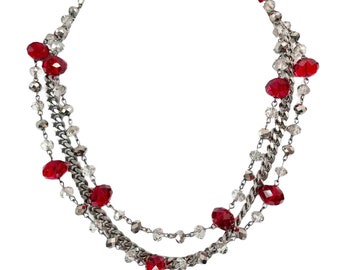 Vintage Red, Clear and Silver Crystal, Silver Chain, Three Strand Necklace, Layered Necklace, Boho Holiday Jewelry, N6340