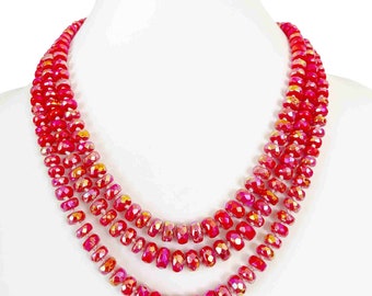 Vintage Cherry Red Crystal AB Three Strand Necklace earring set, MCM, Clip on Earrings, Multi Strand 1950's, Red AB Crystals, VS1047