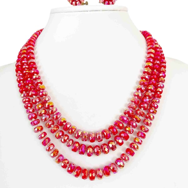 Vintage Cherry Red Crystal AB Three Strand Necklace earring set, MCM, Clip on Earrings, Multi Strand 1950's, Red AB Crystals, VS1047