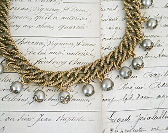 Vintage Chain and Champagne Glass Pearl Bead Choker Necklace Holiday Jewelry Women's Jewelry N6189