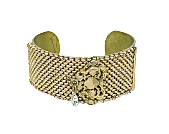 Antique Victorian Gold Filled Mesh Watch Fob Assemblage jewelry Brass Cuff bracelet Rhinestone dangle hand made OOAK jewelry gift  B5430