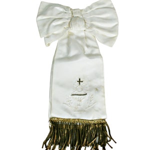 Antique French First Communion Brassard: Gold Bullion Fringe, Satin Bow