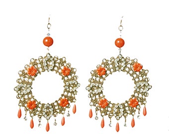 Filigree Round Metal Statement Earrings Vintage Tangerine Orange Rhinestone Dangles Assemblage Collage OOAK Hand Made Runway Style  E5168