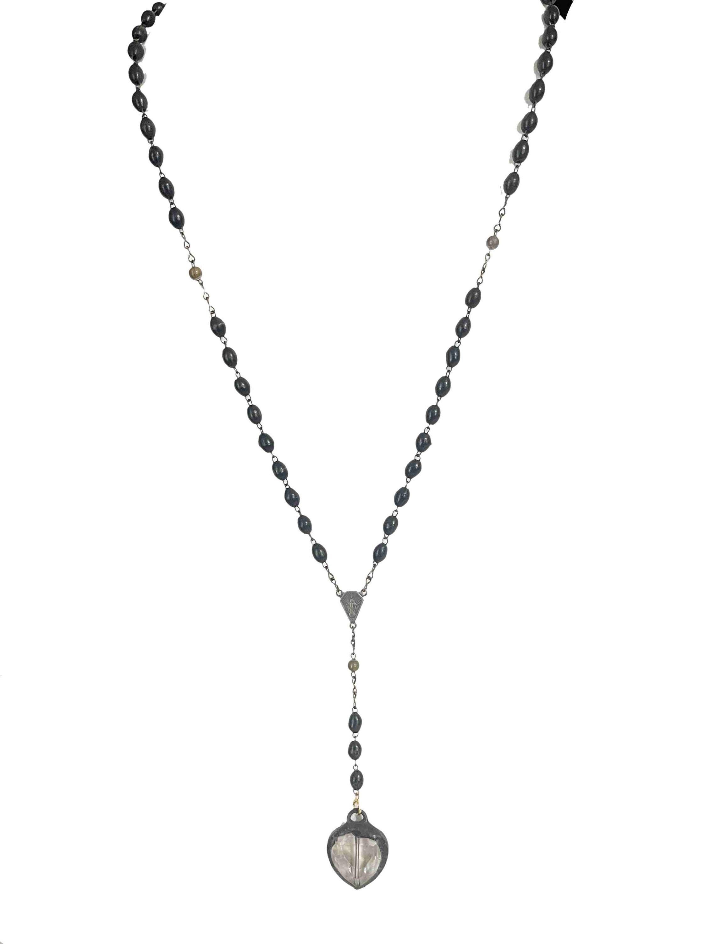 アクセサリー Vintage Black Rosary Necklace Vintage Black Rosary With Crystal Heart Pendant, Vintage