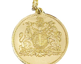 Vintage English Brass Coronation Charm Necklace Gold Filled Chain Minimalist Anti Tarnish Chain Assemblage Travel Charm N6204