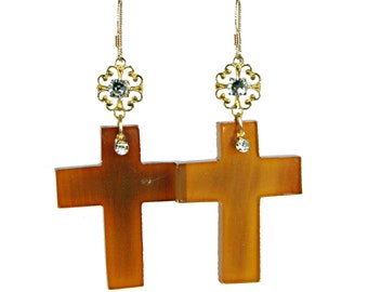 Vintage Brown Horn Cross Statement Earrings Filigree Rhinestone Zircon Assemblage Women's Jewelry Gift   E5863