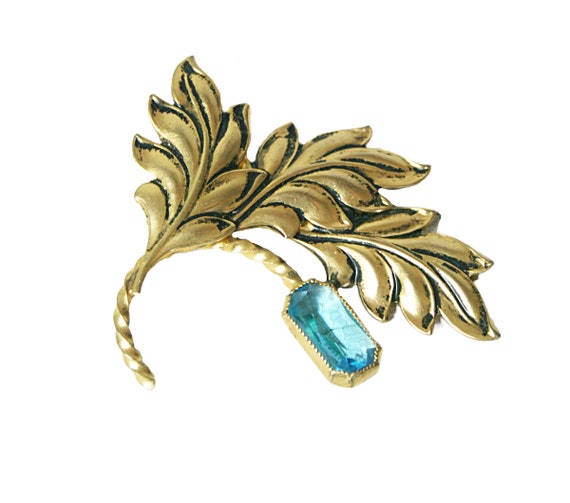 Antique Aquamarine Rhinestone, Gold tone Leafy Fl… - image 1