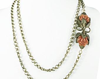 Vintage Carved Coral Flower Pendant, Long Wrap Necklace, Vintage Chain, Wrap Necklace, Assemblage Jewelry, Statement Necklace  N6127