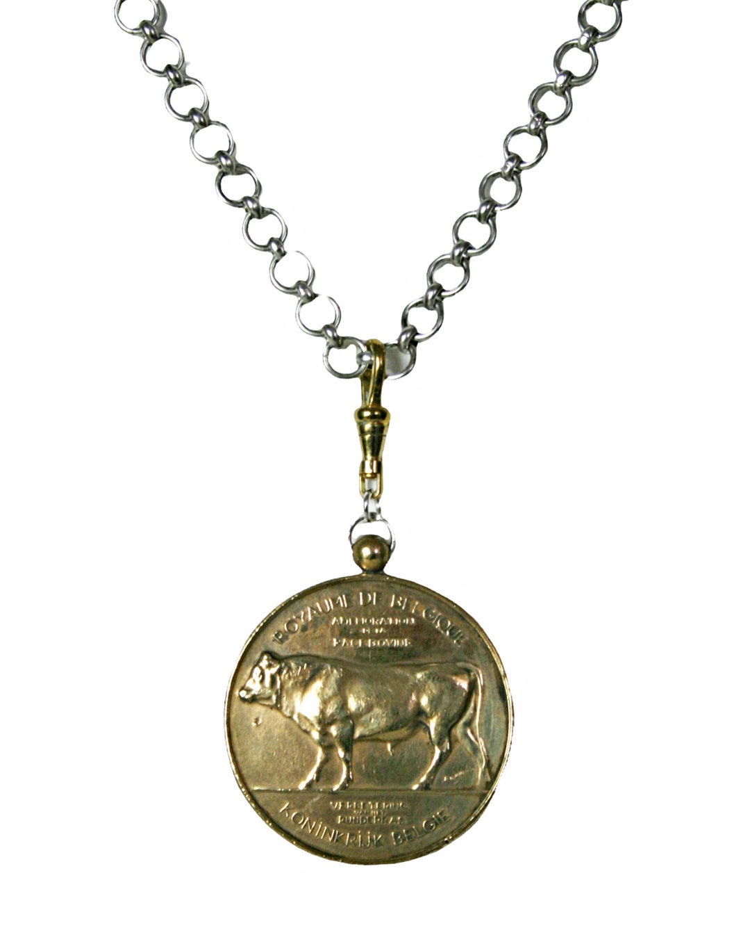 Vintage Belgian Bronze Cow Medal Non Tarnish Silver Chain Assemblage ...