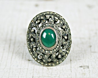Vinage Marcasite Ring Chrysophase Sterling Silver Oval Ring Statement Dinner Ring Collectible OOAK   VR718