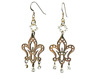 Vintage Fleur de Lis Rhinestone zircon Dangle Statement Earrings assemblage, OOAK Mardi Gras New Orleans jewelry E6000