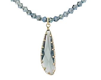Vintage Blue Gray AB Crystal Necklace, Minimalist 16" necklace, Prong Set Crystal Pendant, Valentines, Birthday, Christmas,  N6331