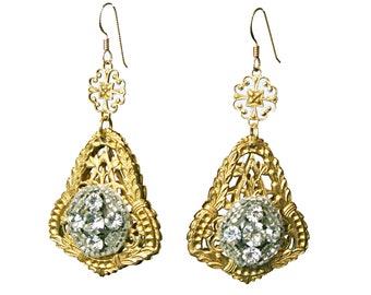 Vintage Brass Filigree & Crystal Cross Earrings  E5997