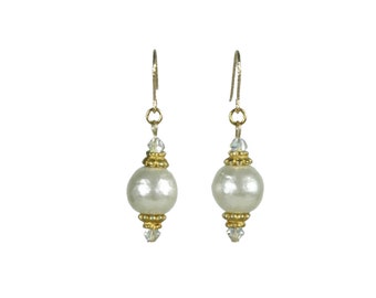 Vintage White Cotton Pearl Earrings  Gold Filled ear wire Pierced Earrings Minimalist Valentine Gift Bridal Earrings E6213