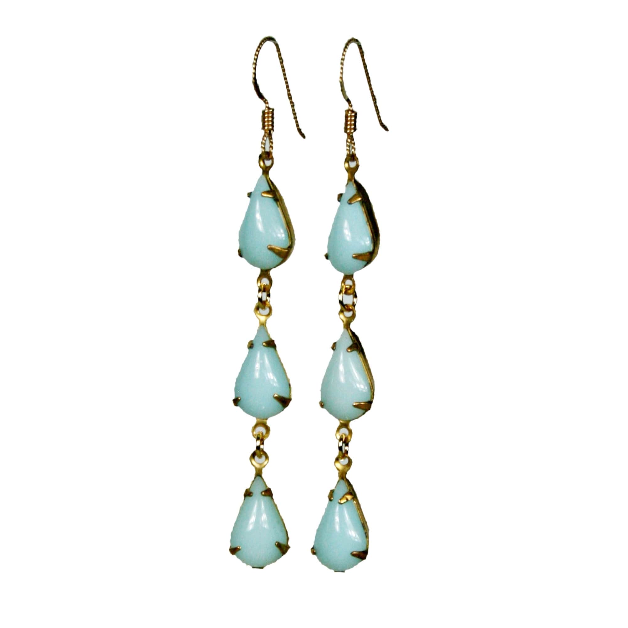 Art Deco Long Drop Earrings Blue Turquoise Teardrop Gold Stud Vintage Style Gift 