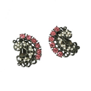 Vintage Ann Vien Clip On Earrings: Pink Crystal & Seed Pearl Statement