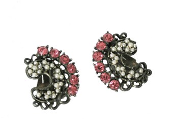 Vintage Estate Earrings Signed Ann Vien Pink Crystal Czech Rhinestone Seed Pearl Clip on Statement Earrings Collectible  VE596