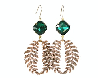 Vintage Emerald Green Crystal Earrings with Brass Laurel Wreath, Chandelier Drop Style, Women's Gift, Assemblage Jewelry E6227