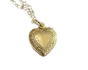 Vintage Gold Tone Puffy Heart Charm Gold Filled Chain Necklace Anti Tarnish Jewelry Minimalist Women's gift Jewelry N6200