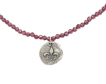 Genuine Red Garnet Faceted Necklace, Minimalist 16" necklace, Silver Fleur de Lis, January Birthstone, Valentines, Christmas gift N6335