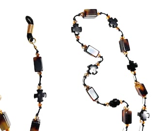 Vintage Bead Tortoise Brown Black Eyeglass chain Holder rubber Loops Hand Made Strung Silk Cord Sunglass chain N6130