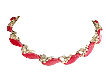 Vintage 40's Red & White Flower Thermoset Lucite Choker Adjustable Necklace Summer Beach Festival MCM Necklace VN907