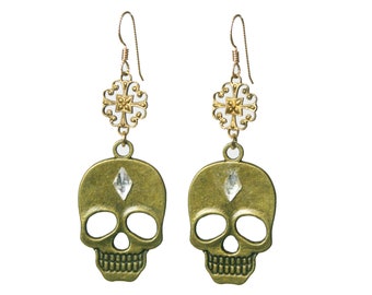 Brass Skull, Day of the Dead, Día de los Muertos Earrings, skull jewelry, halloween jewelry   E5996