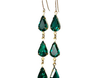 Vintage Emerald Green Rhinestone Long Teardrop Earrings Boho Hand Made Assemblage OOAK Assemblage Collage Statement Runway Style E6135