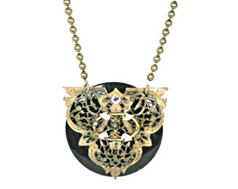 Vintage Black Bakelite Victorian Filigree Pendant Necklace Assemblage Collage OOAK Women's Jewelry Gift   N5028