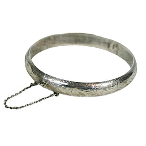 Antique Victorian Etched Sterling Silver Bangle with Safety Chain