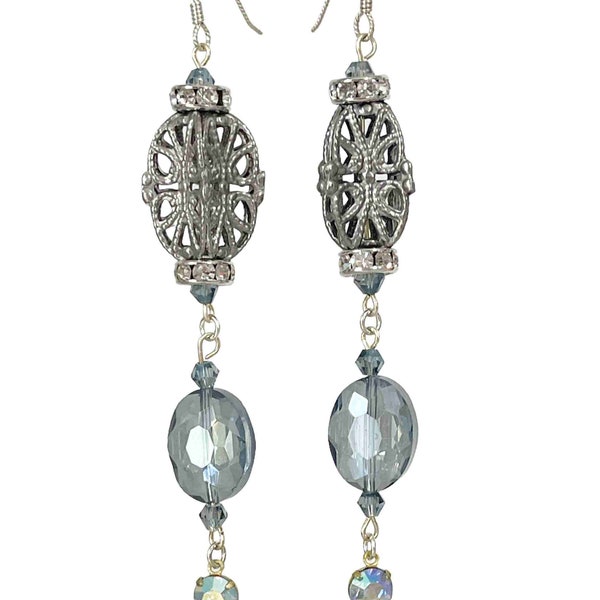 Vintage Aqua blue crystal and silver filigree earrings Assemblage jewelry, Upcycled vintage dangle pierced earrings. E6324