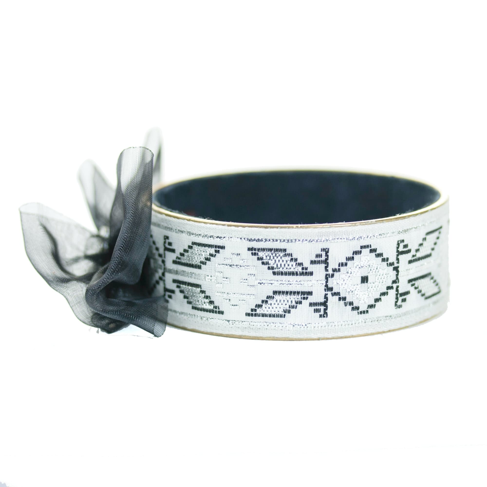 Vintage Black White & Silver Metallic Ribbon Bangle Bracelet