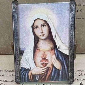 Vintage Catholic Mother Mary Icon, Immaculate Heart Travel Mirror, Vintage Religious Icon, Catholic Religious Collectible AS229
