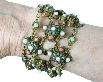 Antique Etruscan Gold, Turquoise, Coral carved stone, antique Estate Bracelet, turquoise bracelet, Statement panel bracelet   VB971