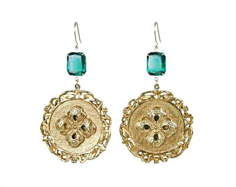 Vintage Ornate Gold Tone Earring Disc Upcycled Assemblage Pierced Earrings with Vintage Emerald Green Rhinestone Statement Earrings  E6217
