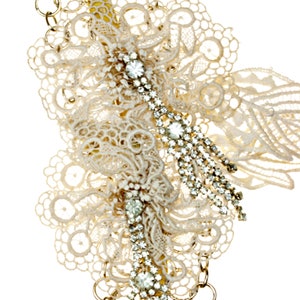 Antique Lace Flower Chain Vintage Ribbon Statement Runway Style Necklace Assemblage Collage OOAK Hand Made Women&#39;t Jewelry Gift      N4533