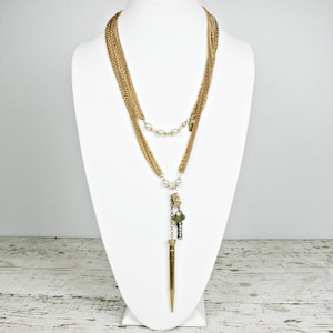 Antique Victorian Gold Mechanical Pencil Necklace: Trifari Chain, Crystal Key